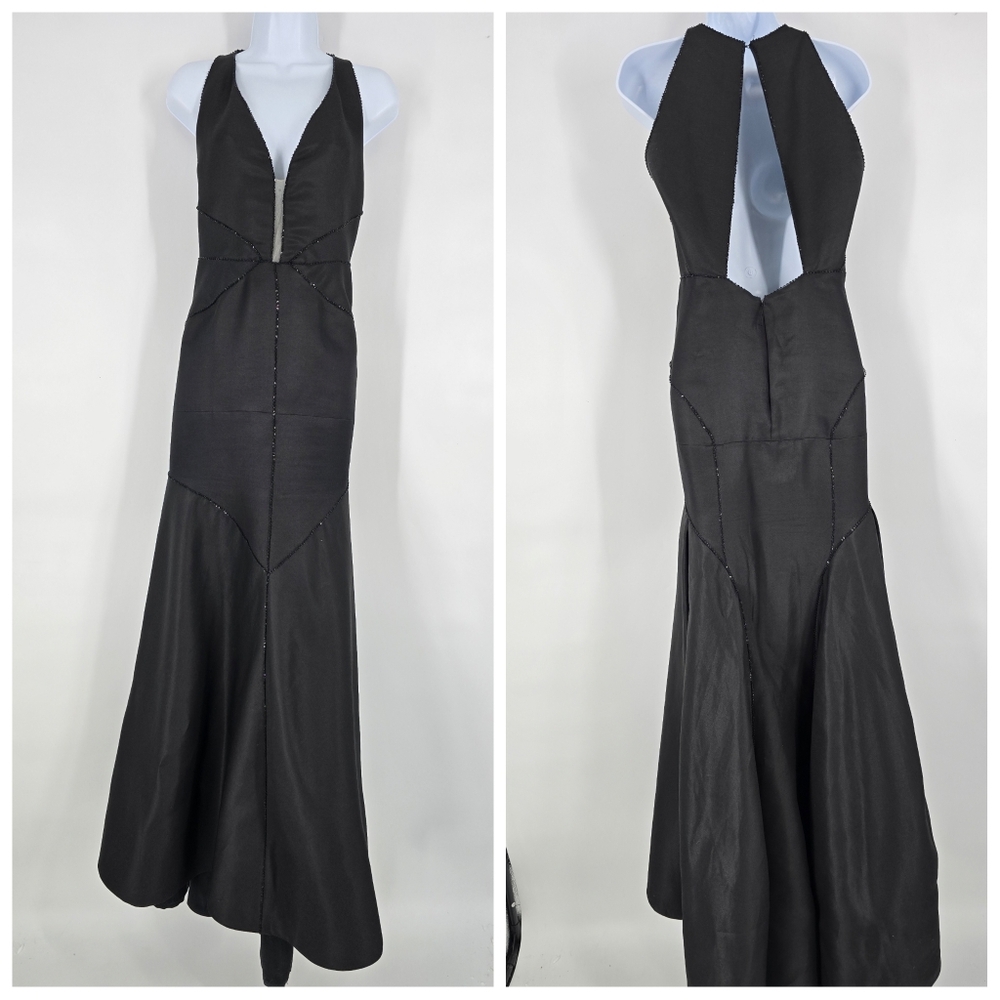 J. Mendel Black Silk Wool Blend Plunge Open Back Evening Gown Size 12